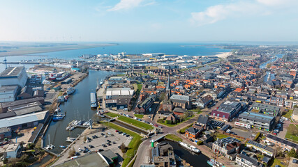 Aerial from the historical city Lemmer in Friesland the Netherlands