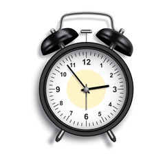 Realistic black vintage alarm clock with metal bells and hands showing time on a white background. Classic analog clock illustration symbolizing time management and punctuality.