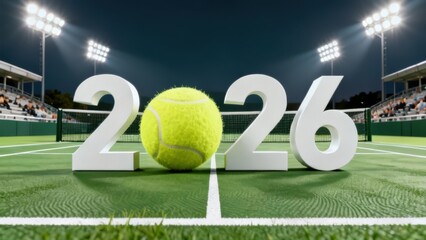 Tennis. numbers 2026 with zero as classic yellow tennis ball on tennis court with detailed net spectator stands. concept of tennis sports events competitions athletic lifestyle