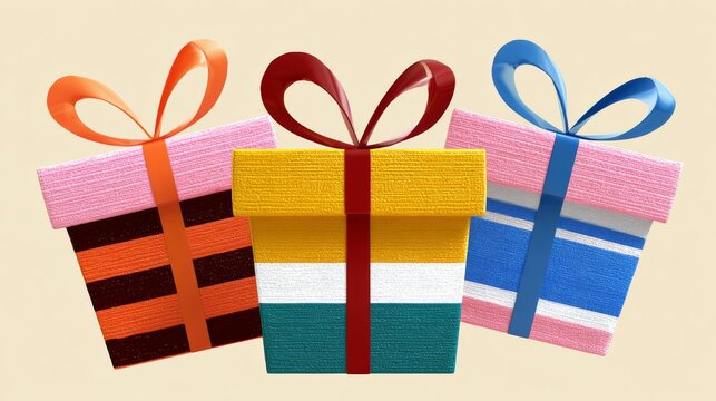 Three colorful gift boxes with ribbons on a light background - Powered by Adobe