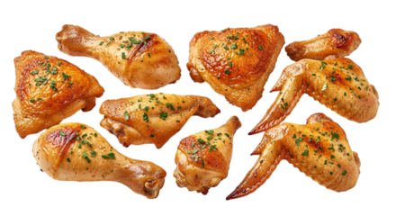 Collection of delicious roasted chicken pieces including drumsticks, wings, and breast, isolated on transparent background
