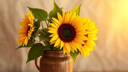A vibrant sunflower arrangement in a wooden vase, radiating warmth and rustic charm under golden light.