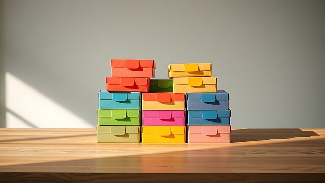 Colorful package boxes neatly stacked on a wooden table, showcasing modern packaging design.