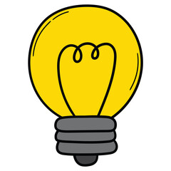 Hand-drawn cartoon yellow light bulb on a white background.