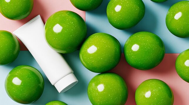 A collection of shiny green spheres arranged around a white tube on a pastel background