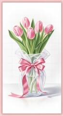 Tulips in a clear vase with pink ribbon against a white background