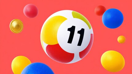 A colorful lottery ball with the number 11 surrounded by various spheres in bright colors on a vibrant red background.