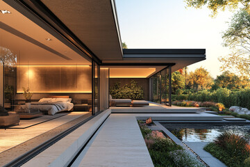 Obraz premium Elegant Modern Home with Spacious Open Living Area and Private Terrace