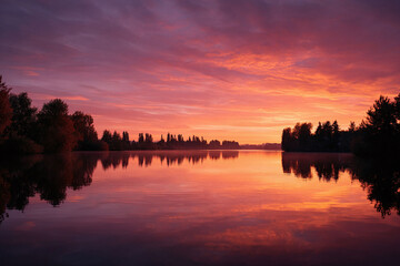 Fototapeta premium Serene landscape. Spectacular sunrise over a tranquil lake, reflecting fiery orange and red hues. Silhouetted trees line the horizon, offering a peaceful scenic view.