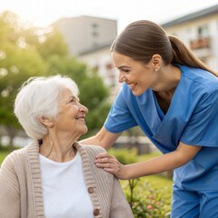 Caring nurse with elderly woman smiling outdoors in sunlight