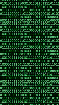 Binary Code Background with Digital Data Flow, Matrix style green binary numbers forming a digital pattern on a black background, vertical footage