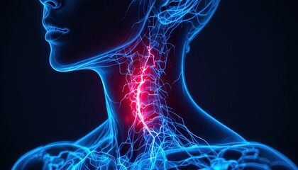 Stunning anatomical view highlighting neck pain with glowing nerve pathways, perfect for medical illustrations and health awareness campaigns
