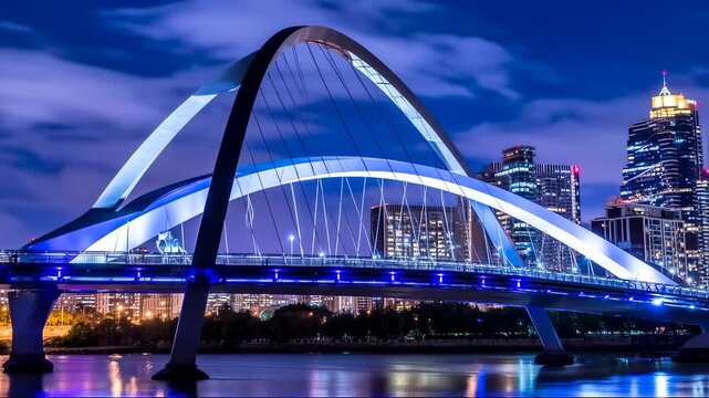 A modern, illuminated arch bridge at night, connected to a cityscape over water