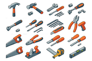 Essential construction and home improvement hand tools set isolated on white