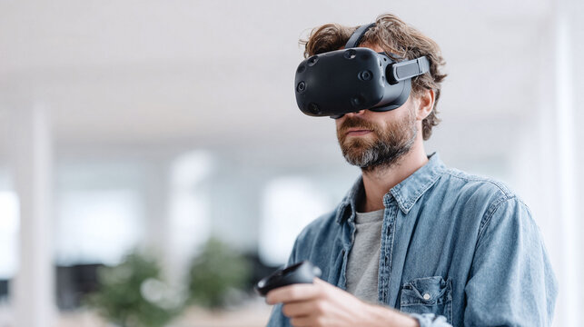 Man wearing VR headset and holding controller, immersed in virtual world. Ideal for illustrating technology, gaming, simulation, future, innovation concepts.