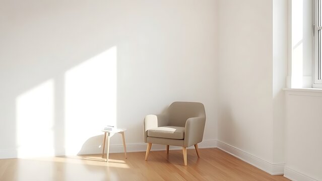 Minimalist living room corner featuring a single armchair, embodying simplicity and calm.