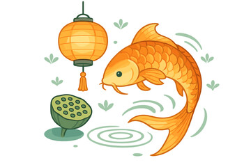 Golden koi fish swimming near a glowing Chinese lantern and lotus plants