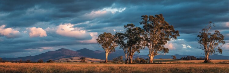 Dramatic clouds drift over a vast landscape, illuminating trees and fields with warm, golden light at dusk.