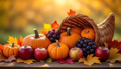Cornucopia with Pumpkins and Fruits – Thanksgiving Concept 300 DPI. Traditional cornucopia filled. A perfect symbol of abundance and gratitude for Thanksgiving and fall celebrations. AI generated