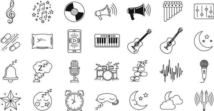 Collection of music and sleep related icons in black and white style