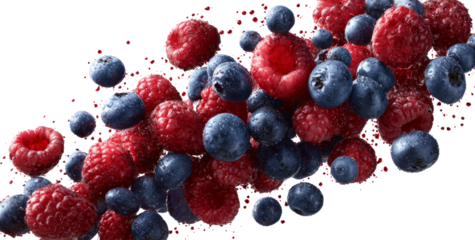 Fresh raspberry blueberry splash, juicy fruit burst, vibrant color, water droplets