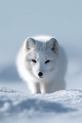 Fototapeta premium A pristine Arctic fox stares intently, its white fur blending into the snowy landscape. Symbolizes adaptability, resilience, and the beauty of the Arctic wilderness.