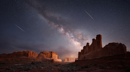 Spectacular desert landscape under a starry night sky with the Milky Way.  Features rock formations and meteor showers. Evokes wonder and exploration. Great for travel, science, and astronomy themes.