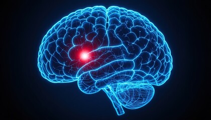 Digital brain scan with glowing red zone highlighting neural activity, ideal for medical research, science education, and innovative healthcare marketing