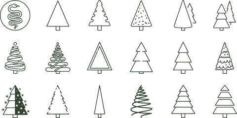 Various christmas tree and snake symbol illustrations on white background