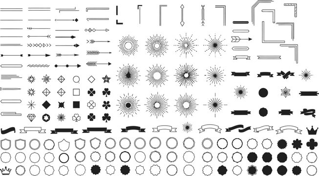 Various decorative elements including arrows sunbursts and banner shapes