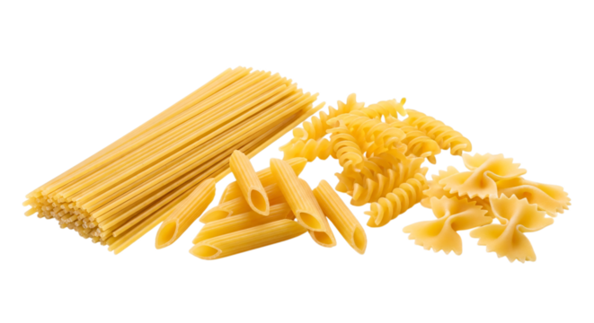 Assortment of uncooked pasta shapes, including spaghetti, penne, fusilli, and farfalle, isolated on transparent background