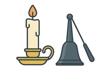 Vintage burning candle in golden holder next to old fashioned reception desk bell