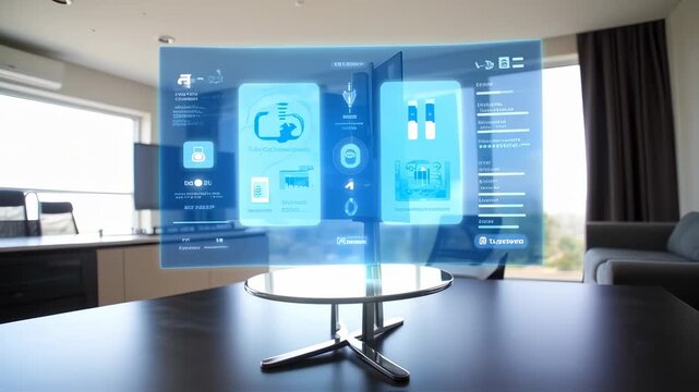 Futuristic table with a transparent blue holographic display showcasing data in a domestic interior