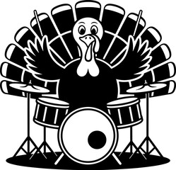 Funny turkey musician vector illustration. Cartoon turkey plays the drums, singing bird. Thanksgiving, fall, autumn music-themed design. Bird with musical instrument graphic. Greeting card, poster