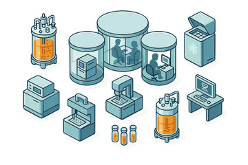Isometric collection of biotechnology research equipment, bioreactors, and automated lab machinery