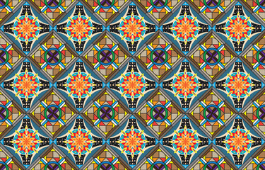 Geometric ethnic pattern oriental design on dark midnight navy background. Traditional geometry abstract with pink, white, yellow, green color for wallpaper handcraft, carpet, clothing, fabric design.