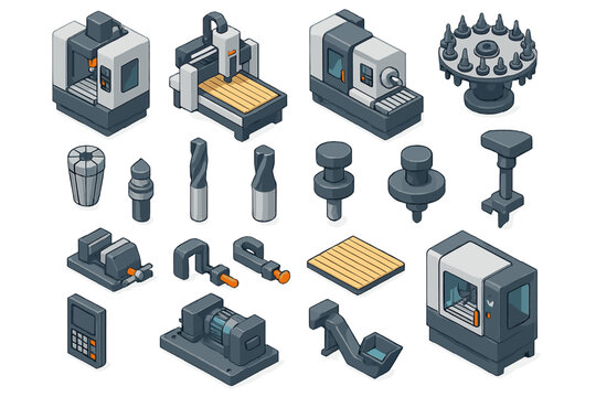 Isometric collection of industrial CNC machine tools and accessories for manufacturing