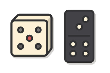 Classic gaming elements featuring a five-spot die and a two-four domino tile on white background