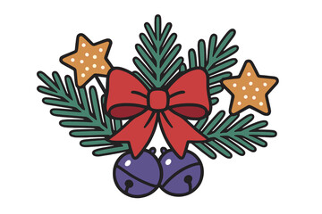 Festive Christmas arrangement with pine needles, red ribbon bow, jingle bells, and star cookies