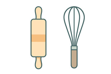 Classic wooden rolling pin and wire whisk baking tools on white background