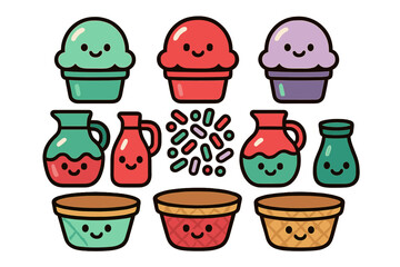Adorable cartoon ice cream scoops, waffle bowls, syrup pitchers, and candy sprinkles with happy faces