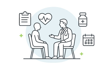 Medical professional consulting with a patient surrounded by healthcare symbols