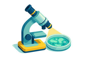 Laboratory microscope focusing light onto a petri dish filled with bacteria culture