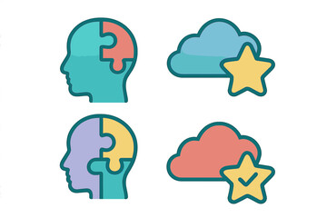 Graphic symbols for cognitive function, memory, problem solving, cloud storage, and quality rating
