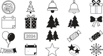 A collection of new year icons with snake calendar and christmas tree