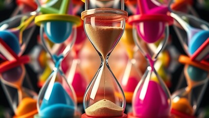 Colorful overlapping hourglasses with upward-flowing sand, depicting the unique perception of time in ADHD.