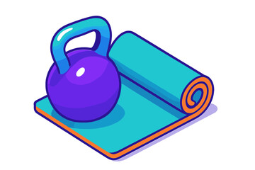 Isometric fitness equipment setup featuring a purple kettlebell and a rolled turquoise exercise mat