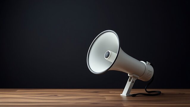 Megaphone placed on a wooden surface against a dark background.