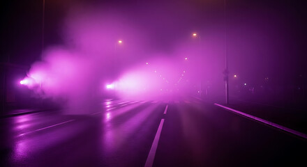 Fototapeta premium Mysterious Pink Smoke Fills the Night Street, Creating an Eerie and Atmospheric Scene