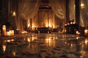 Fototapeta premium candlelit temple interior filled with warm amber light, silk fabrics flowing, petals scattered on the floor